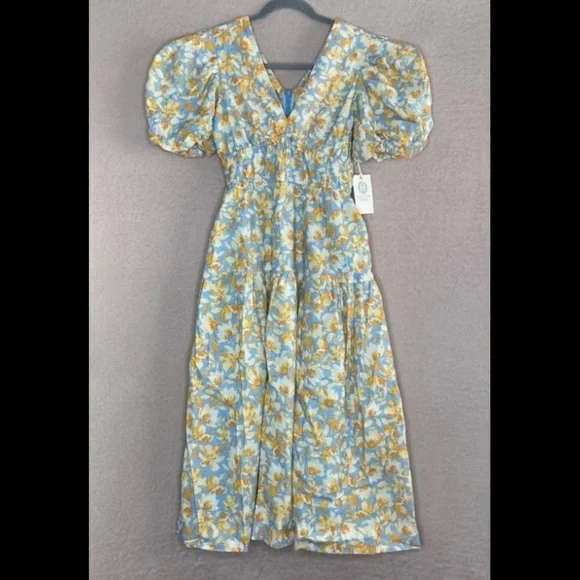 NEW Tuckernuck Puff Sleeve Midi Dress Women XXS Blue/Orange Floral HyacinthHouse - Picture 3 of 11